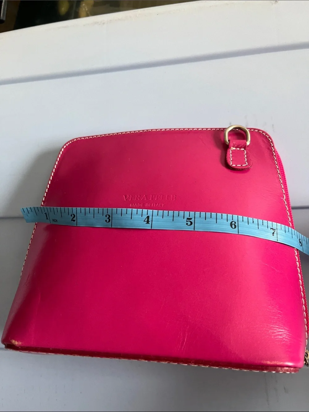 Vera Pelle Bright Pink Leather Wristlet Clutch with Gold Ring